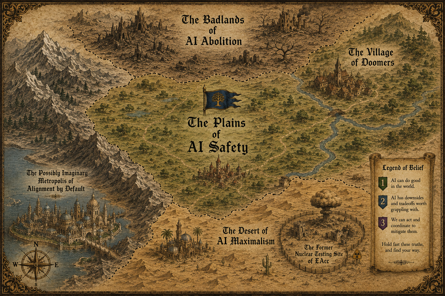 A map of the AI Safety plains and surrounding territory. There is a Village of Doomers across the river to the northeast, the Badlands of AI Abolition to the north, the Desert of AI Maximalism to the south (including a city in the desert and a cordoned off "Former Nuclear Testing Site of EAcc"). There is a city across a bridge in a bay to the west labelled "The Possibly Imaginary Metropolis of Alignment by Default"