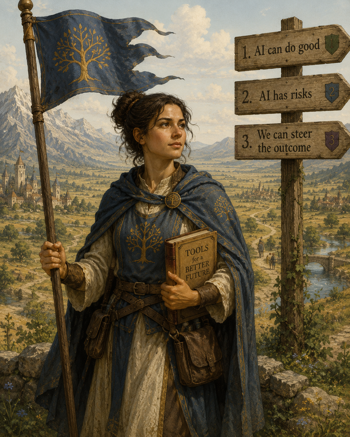 An image of an AI Safetyist. She's holding a book titled "Tools for a Better Future", and holding a blue and gold banner of a tree icon. The three points of AI Safety are on signs in the background.