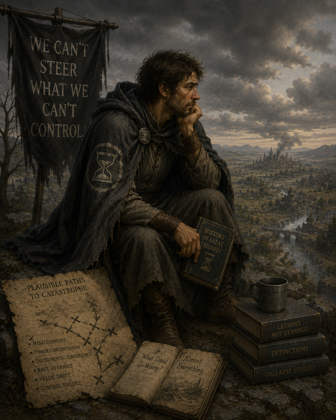 An image of a person sitting, looking over a valley with a natural landscape and a small town. His gray cloak has an hourglass icon on it, and a banner behind him reads "We can't steer what we can't control"