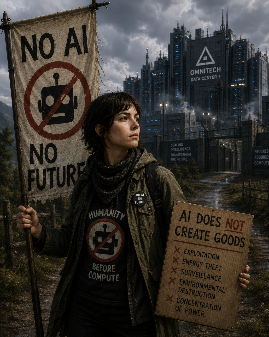 An image of a person in a hoodie and green cloak holding protest signs outside of a large, well guarded datacenter. Her badge is a crossed out robot.