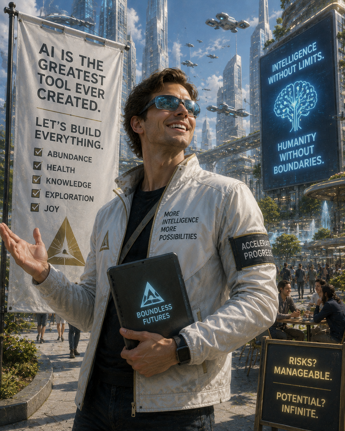 An image of a person in front of a gleaming techno-futurist city, smiling and holding a binder reading "Boundless Future". Surrounding writings are AI-optimistic including "Risks? Manageable. Potential? Infinite."