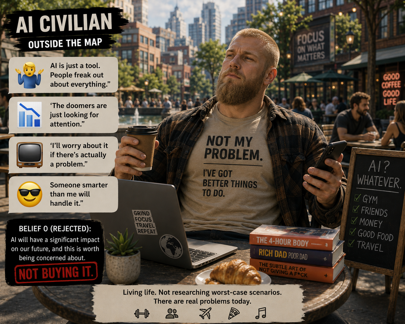 An image of a blonde, bearded man wearing a shirt reading "Not my problem, I have better things to do". The image is listing out various reasonable things to prioritize in your own life over AI related concerns and why you might do so
