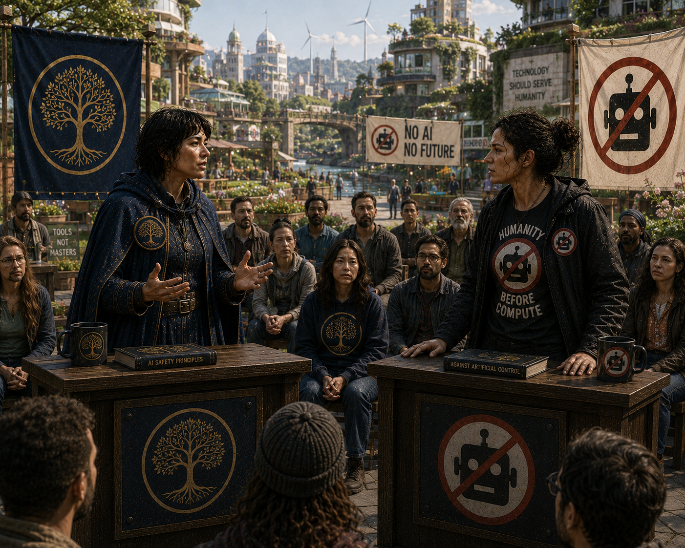 An AI safetyist arguing with an AI Abolitionist in front of a mixed faction crowd