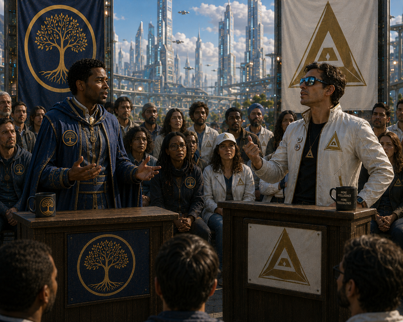 A Safetyist debating a Maximalist in front of the gleaming techno-utopian Maximalist city