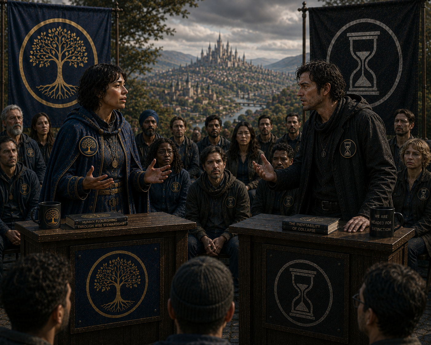 A Safetyist debating a Doomer in front of a mixed faction crowd, set in front of a background of the Doomer Village.